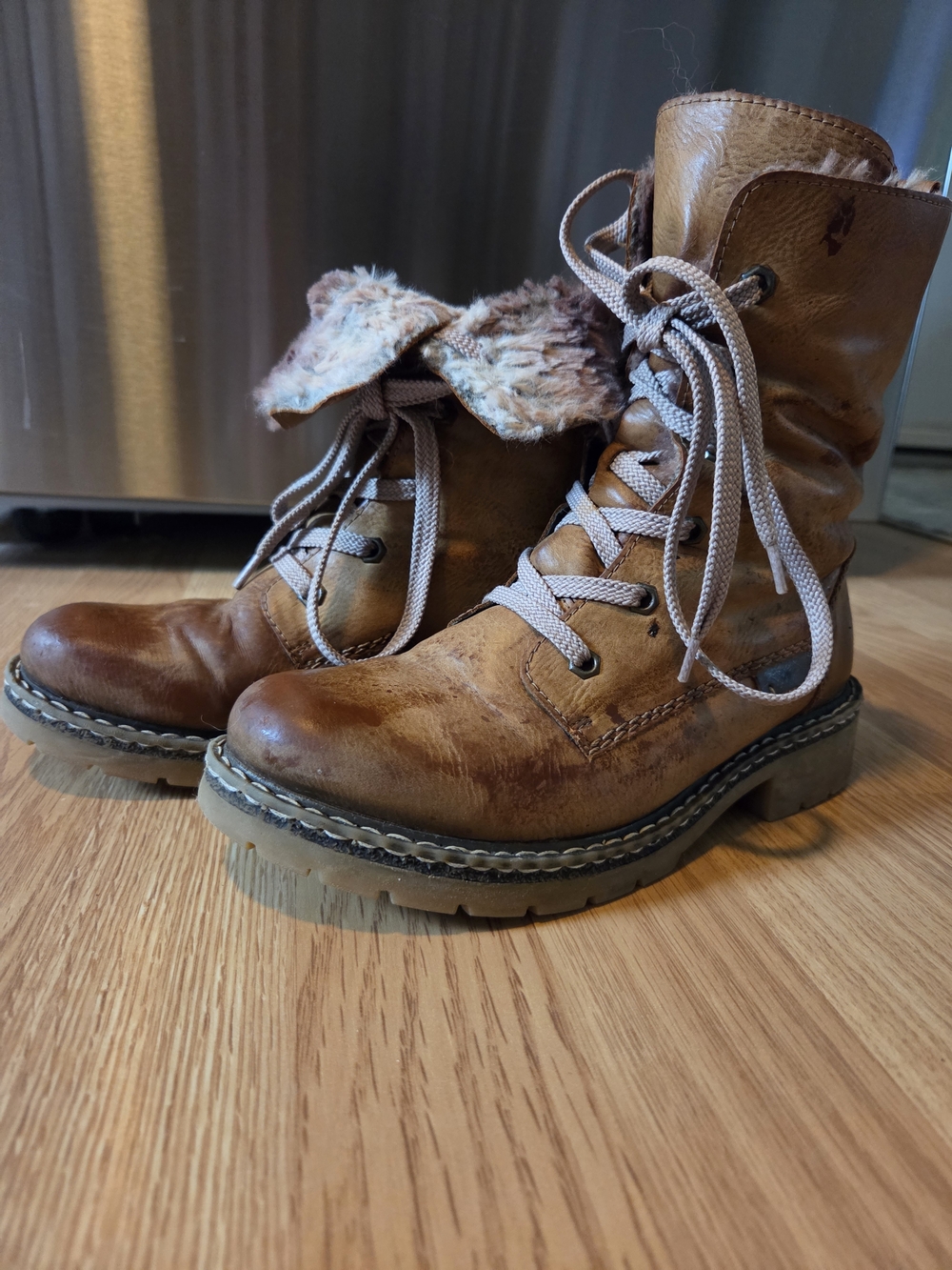 Rieker Brown Lace-Up Faux-Fur Cuff Combat Boots